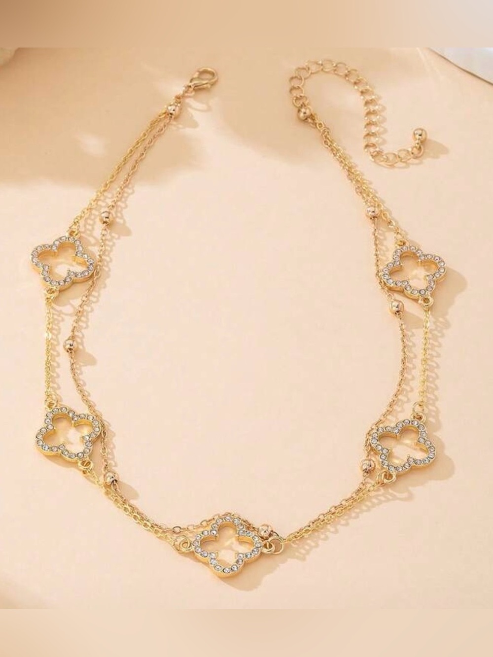NWOT Gold Clover Layered Necklace with Crystal Accents